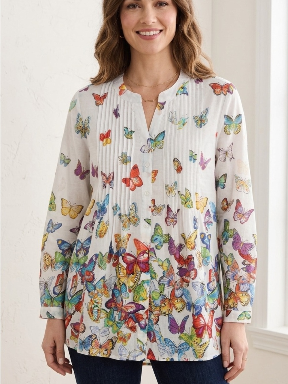 Women’s White Butterfly Pintuck Blouse